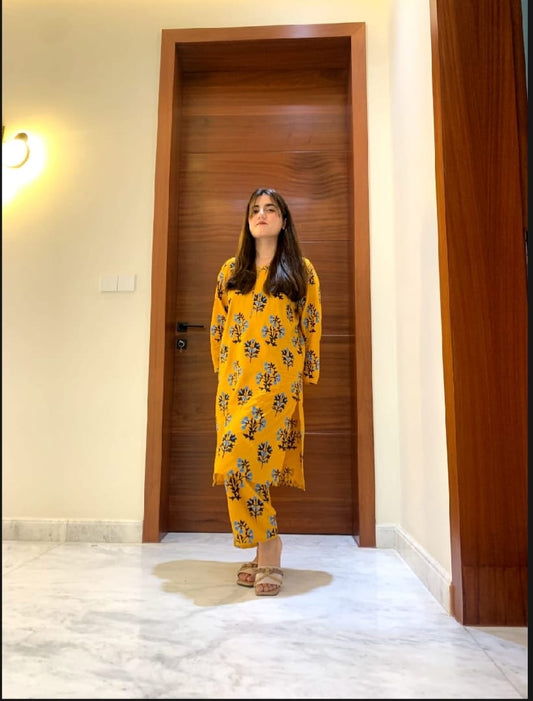 New MariGold Design 3D Block Print Stiched 2pc Suit For Womens / Girls / Ladies, Linen Fabric