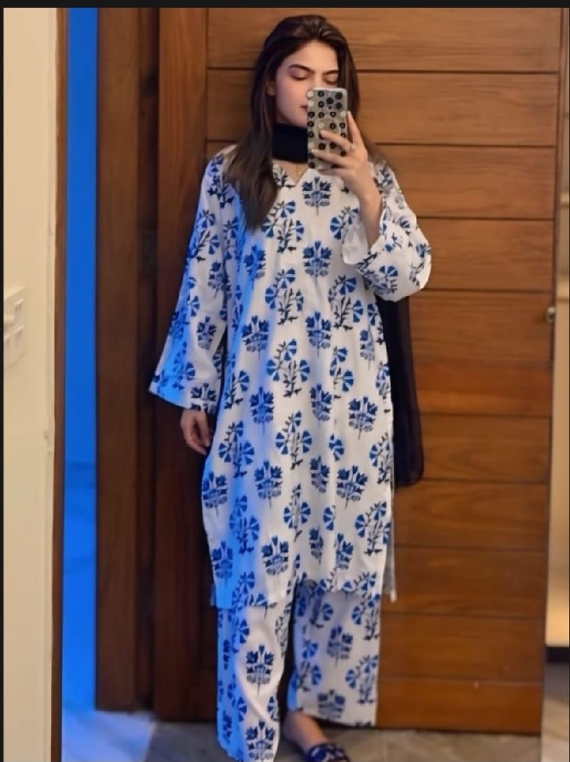 New MariGold Design 3D Block Print Stiched 2pc Suit For Womens / Girls / Ladies, Linen Fabric