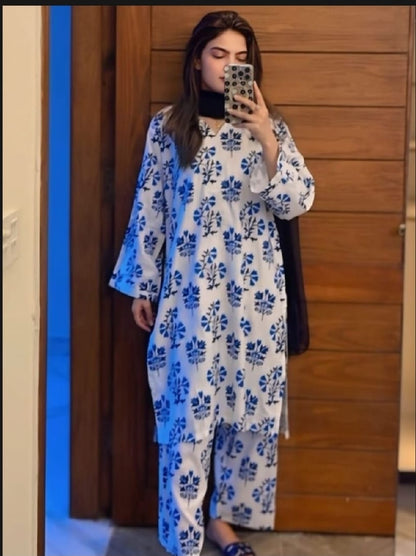 New MariGold Design 3D Block Print Stiched 2pc Suit For Womens / Girls / Ladies, Linen Fabric